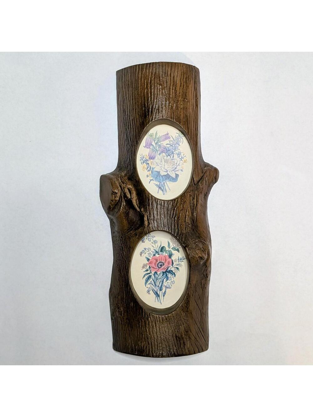 Faux Wood Log-Shaped Oval Framed Flowers Art